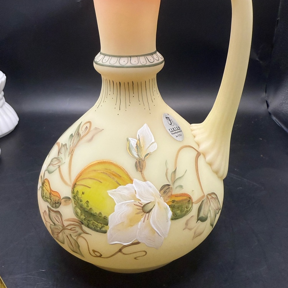 Fenton Art Glass Vase with Yellow and Cream Floral Design